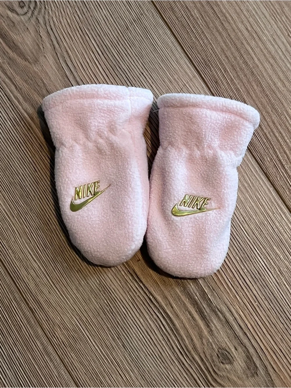 Nike Infant Fleece Earflap Hat & Mittens in White, Pink and Gold